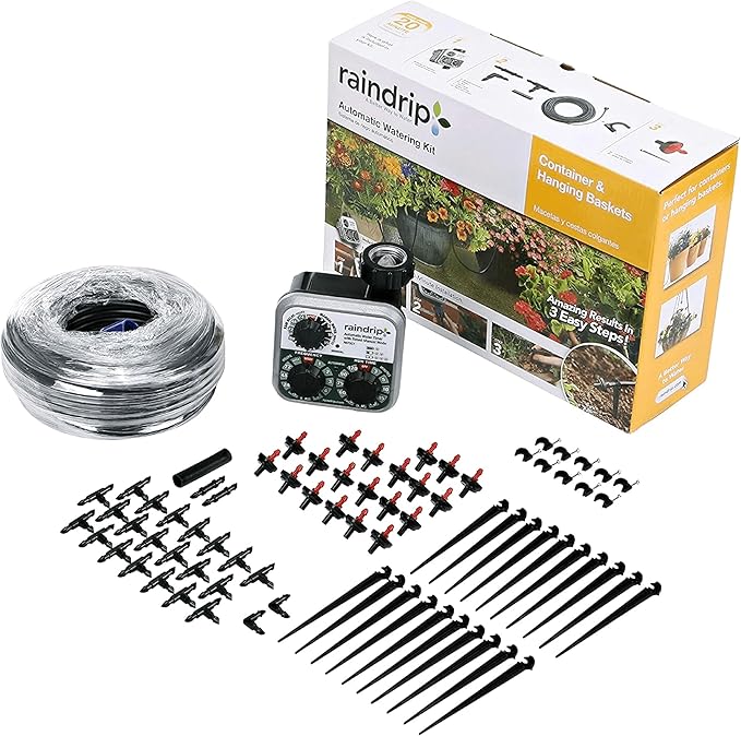 Raindrip R560DP Drip Watering System, Automatic Drip Irrigation System with Timer for Containers and Hanging Baskets, Waters up to 20 Plants, Includes 20 Drippers, Black