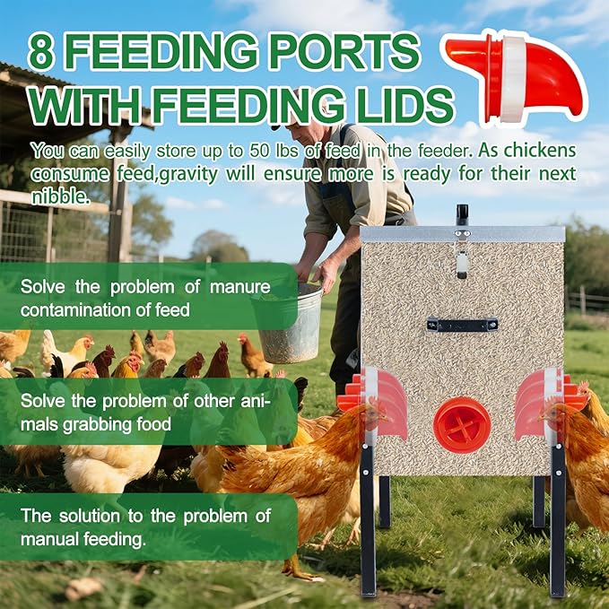 50 LB Automatic Chicken Feeder 8 Feeding Ports, No-Waste Poultry Feeder with Locking Lid and Adjustable Legs for Inside Chicken Coops Metal Automatic Poultry Feeders (Sliver, 50LB with 8 Ports)