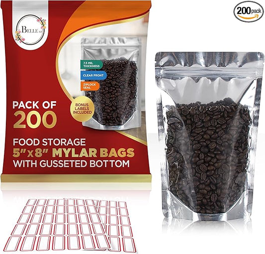 BELLE KR® Pint 5x8 Mylar Bags for Food Storage - Pack Of 200-7.5mil Thickness - Stand Up Clear Mylar Bags with See Through Window - Resealable