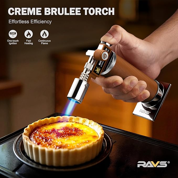 RAVS Butane Torch Lighter, Kitchen Torch with Adjustable Flame, Cooking Torch for Creme Brulee, BBQ, DIY, Christmas Gifts Stocking Stuffers Gifts for Women, Brown, Butane Gas Not Included