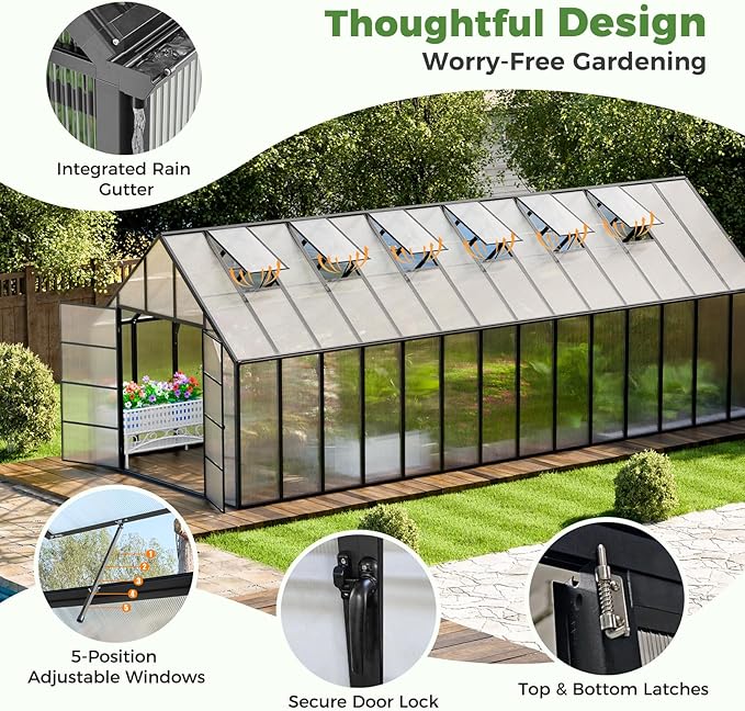 28x10x10 FT Outdoor Greenhouse, Easy Assembly Large Thicker Aluminum Polycarbonate Kit, 6 Vent Windows, Walk-in, for Outside, Sunroom, Patio, Backyard