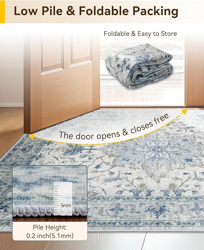 Area Rugs 2'x5' Washable Non-Slip, Floral Vintage Distress Print Pattern Medallion Carpet for Living Room Bedroom Dining Room, Light Blue Navy Beige Gray White