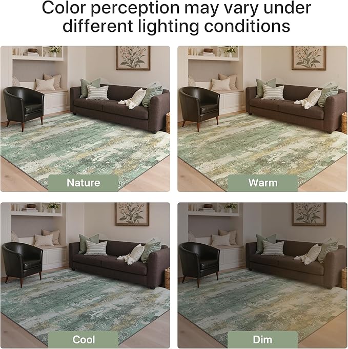 GENIMO 9x12 Area Rugs for Living Room, Modern Abstract Low Pile Rug with Non-Slip Pad, Crease-Resistant Soft Floor Carpet, Single-Piece Rugs for Bedroom, Dining Room, Office, Green Gray