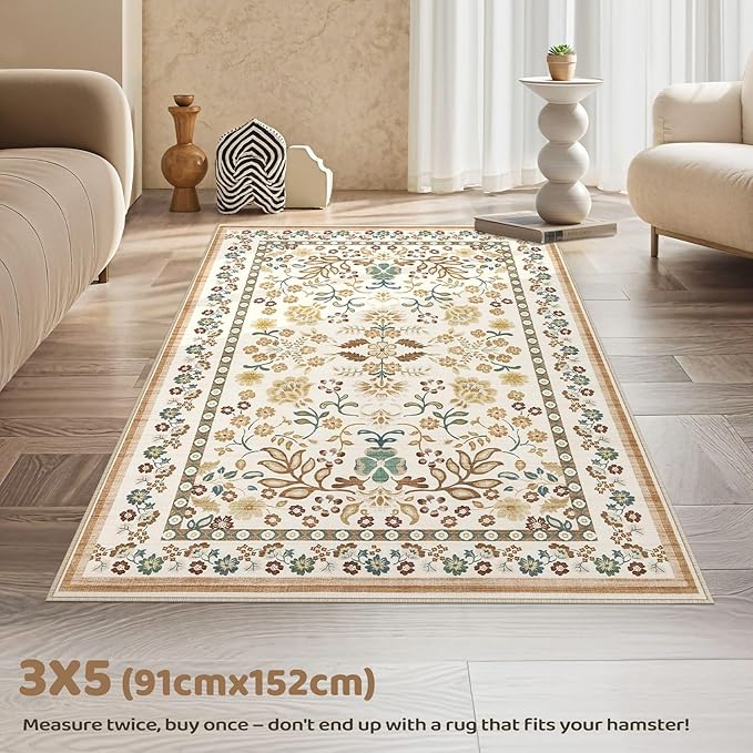 3x5 Area Rug Living Room Rugs - Washable Boho Vintage Floral Large Soft Non Slip Thin Rug Low Pile Carpet for Bedroom Dining Room Kids Playroom Office Decor Indoor- Brown