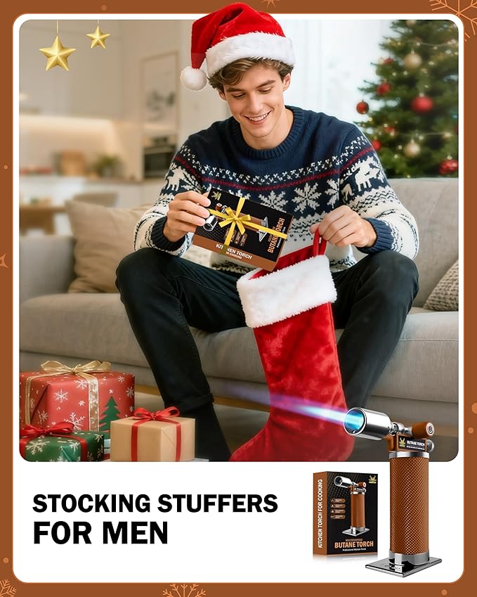 RAVS Butane Torch Lighter, Kitchen Torch with Adjustable Flame, Cooking Torch for Creme Brulee, BBQ, DIY, Christmas Gifts Stocking Stuffers Gifts for Women, Brown, Butane Gas Not Included