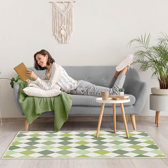 Checkered Washable Green Modern Area Rugs for Living Room Bedroom Dinning Room Kitchen 3x5 Non Slip Low Pile Indoor Floor Small Carpet