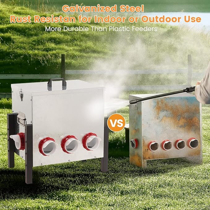 50LB Automatic Chicken Feeder with Cover – Large Capacity Metal Chicken Coop Feeder with 8 Feed Ports, Adjustable Legs Rainproof No Waste Outdoor Poultry Feeder for Hens & Free Range Flocks