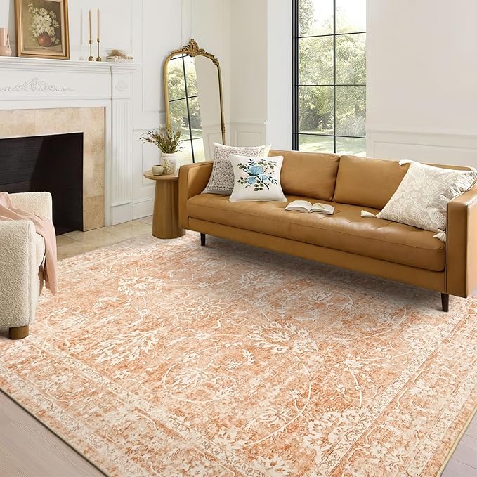 Madane 5x7 Area Rugs for Living Room, Washable Vintage Rug with Non-Slip Backing, Soft Floral Print Throw Rugs Floor Low Pile Carpet for Bedroom Dining Room Farmhouse (5 x 7, Jasper Orange)