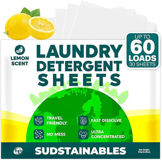 Sudstainables Laundry Detergent Sheets 60 Loads – Dissolvable Laundry Sheet for Washing Machines, Compact Alternative to Liquid & Powder Detergent, Travel-Friendly Soap | Lemon