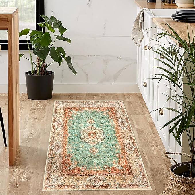 Small Rugs 2x3,Boho Rug for Entryway Bathroom Bedroom Kitchen Entrance Doormat,Vintage Bohemian Distressed Farmhouse Washable Accent Floor Throw Carpet Non Slip,Retro Orange Green Floral