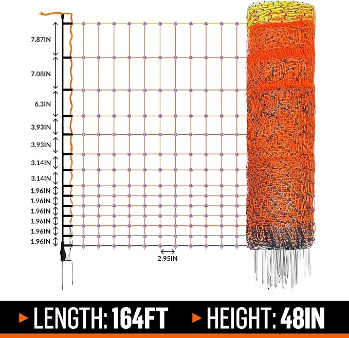 Pet & Livestock HQ Electric Fence Poultry Netting 48" x 164' - Portable Pre-Assembled Electric Net Fencing for Goats, Sheep, Lambs in Farms, Ranches, and Gardens (19 Posts, 2 Spikes)
