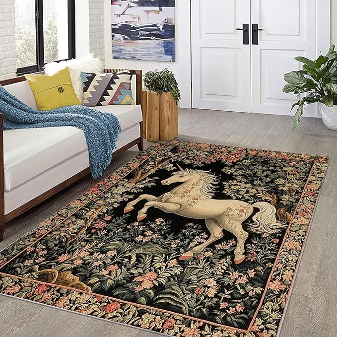 8x10 Unicorn Area Rugs Boho Floral Botanical Rug for Living Room Indoor Soft Non-Slip Thin Vintage Large Carpet Black Rugs for Bedroom Home Decor Under Table Washable Machine