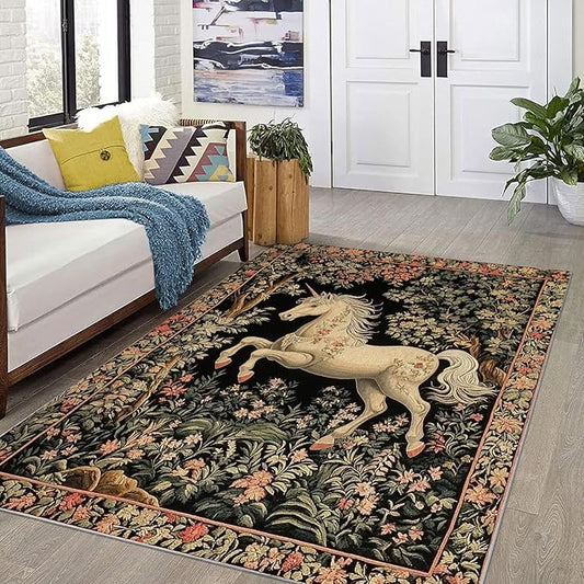 8x10 Unicorn Area Rugs Boho Floral Botanical Rug for Living Room Indoor Soft Non-Slip Thin Vintage Large Carpet Black Rugs for Bedroom Home Decor Under Table Washable Machine