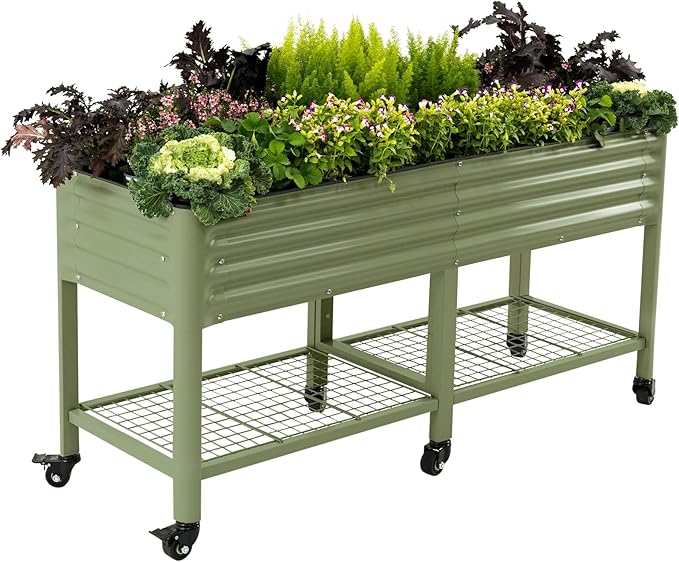 Rolling Elevated Raised Garden Bed-V Series, 2' x 6' Garden Beds with Legs & Storage Rack for Patio & Porch, 1000 Lbs Weight Capacity, Outdoor Planter Box for Vegetables Flower Herbs, Olive Green