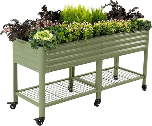 Rolling Elevated Raised Garden Bed-V Series, 2' x 6' Garden Beds with Legs & Storage Rack for Patio & Porch, 1000 Lbs Weight Capacity, Outdoor Planter Box for Vegetables Flower Herbs, Olive Green