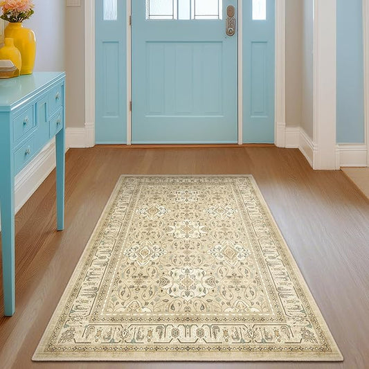 Warm Beige 3x5 Entryway Rug Indoor, Boho Floral Moroccan Pattern Printed Throw Rugs for Nursery Bedroom Bedside, Low Pile Thin Non Slip Washable Area Rug for Kitchen Foyer Mudroom Dorm