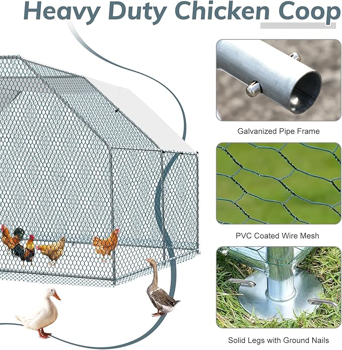 VINGLI Chicken Coop, Large Metal Poultry Cage for Chicken Run, Walk-in Chicken Pen with Waterproof & Anti-UV Cover Outdoor (Silver-Flat Roof, 13.1 * 9.8 * 6.5 ft)
