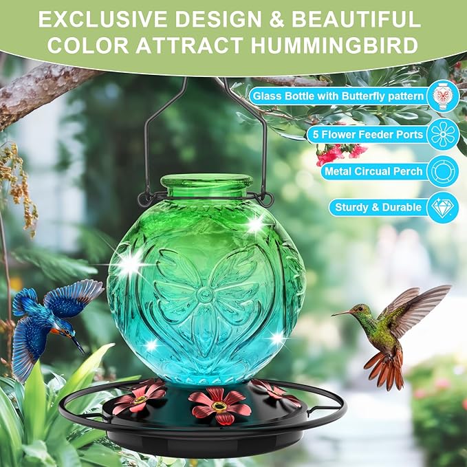 Glass Hummingbird Feeder for Outdoors Hanging, 25Oz Humming Bird Nectar Feeders with Perch & 5 Flower Feeding Ports, Leak Proof for Outside Garden Decor, Gifts for Women (Green & Blue)
