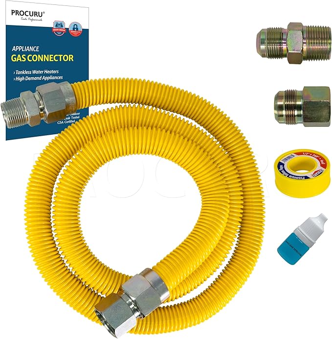 PROCURU 1" OD x 48" (4Ft) x 3/4"MIP x 3/4"FIP Universal Flexible Gas Connector Kit, With/Without Service Valves, MaxFlow High Capacity Stainless Steel Tubing for Tankless Water Heater (Blue-A1 Series)