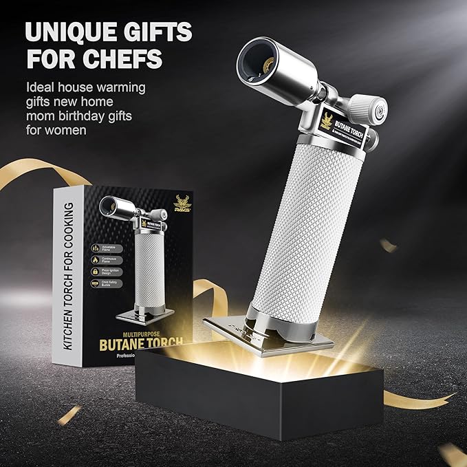 RAVS Butane Torch Lighter Refillable, White Kitchen Torch with Adjustable Flame, Creme Brulee Torch for Baking, Welding, Christmas Stocking Stuffers Gifts for Women, Cooking Torch Butane Not Included