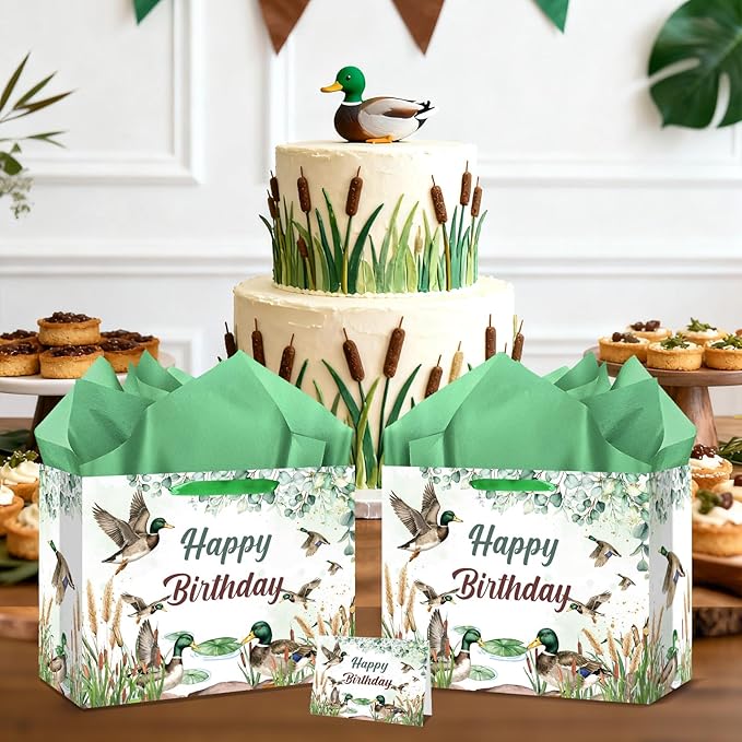 Wayyogh Mallard Duck Hunting Birthday Party Gift Bag Decorations One Lucky Duck Gift Bag with Wrapping Paper & Greeting Card for One Lucky Duck Birthday Party Baby Shower Supplies Decor Decorations