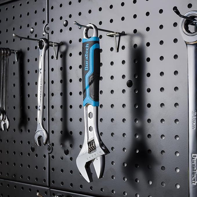 DURATECH 10 Inch Adjustable Wrench, 3-in-1 Spanner with Box End/Hex Function, CR-V Steel, Metric & SAE Scales, Chrome-plated, Bi-material soft Grip