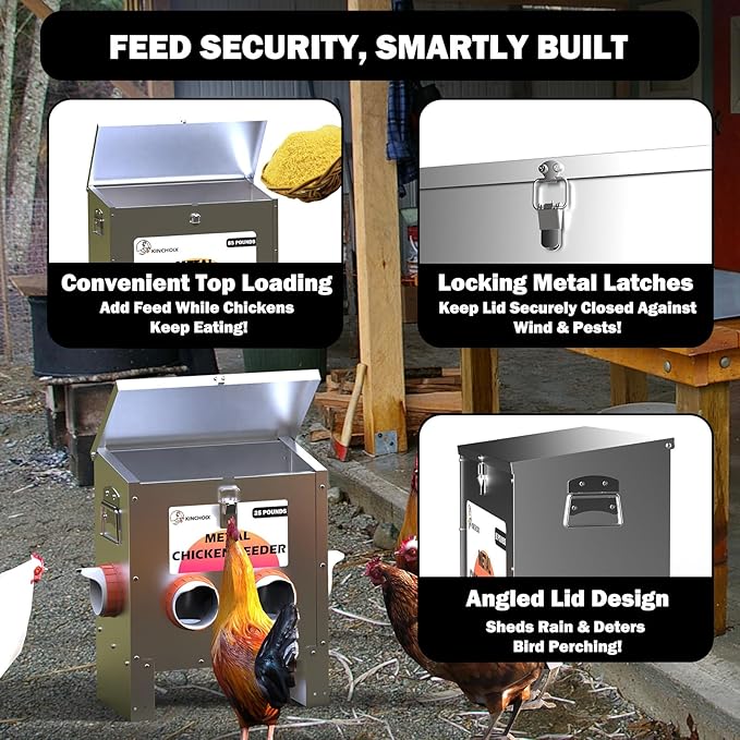 Metal Chicken Feeder Large Capacity 25lbs Automatic Metal Chicken Feeders No Waster Weatherproof Poultry Feeder for Chickens, Geese, Ducks, Turkeys (4-Port)