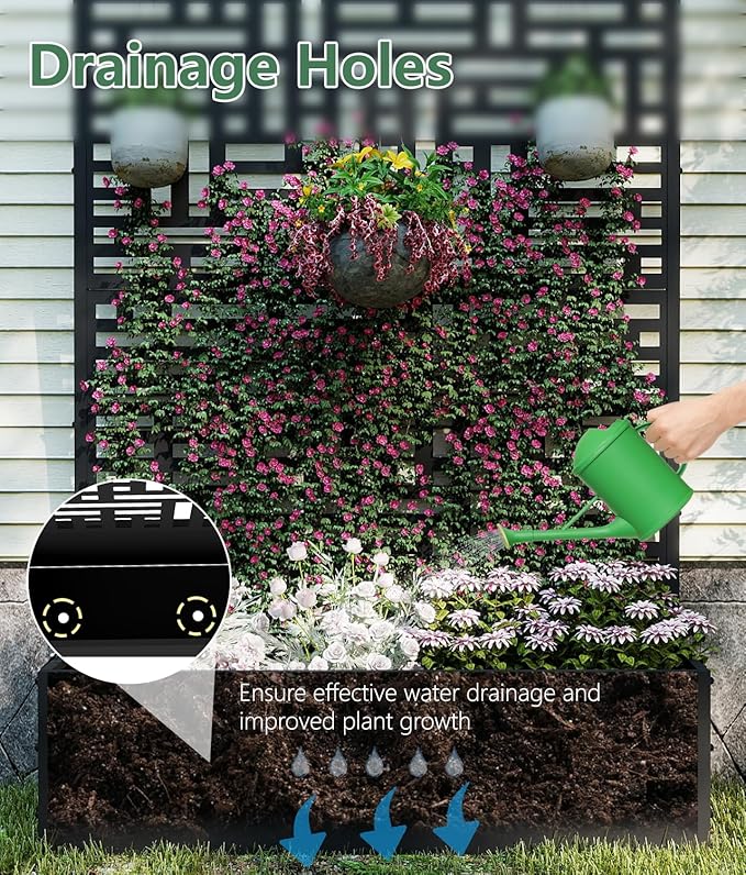 Metal Planter Box with Trellis,70.9"x47.2"x15.7" Raised Garden Bed with Drainage Holes, Privacy Planters for Outdoor Garden Bed for Climbing Plants,Vegetables,and Vines,2PCS,Black-Modular