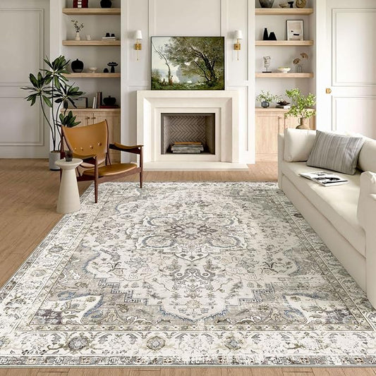 Washable Area Rug 8x10 - Large Cream Boho Rugs for Living Room Soft Vintage Bedroom Rug Ultra-Thin Farmhouse Oriental Distressed Carpet Non Slip Rug for Dining Room Guest Room Home Decor