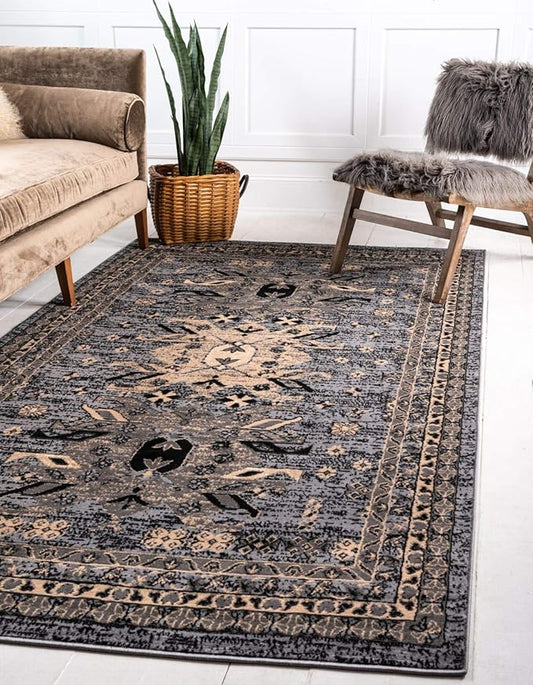 Unique Loom Taftan Collection Border Geometric Tribal Inspired Design Area Rug (4' 0 x 6' 0 Rectangular, Gray/ Black)