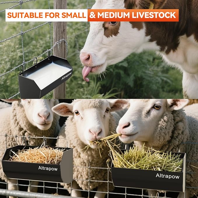 4.5 Quart Hanging Goat Feeder [Material of Metal] with Clips and Nylon Tie Wraps, Fence Feeder [Sturdy and Durable] for Goat, Pig and Dog, Black, 2 Pack