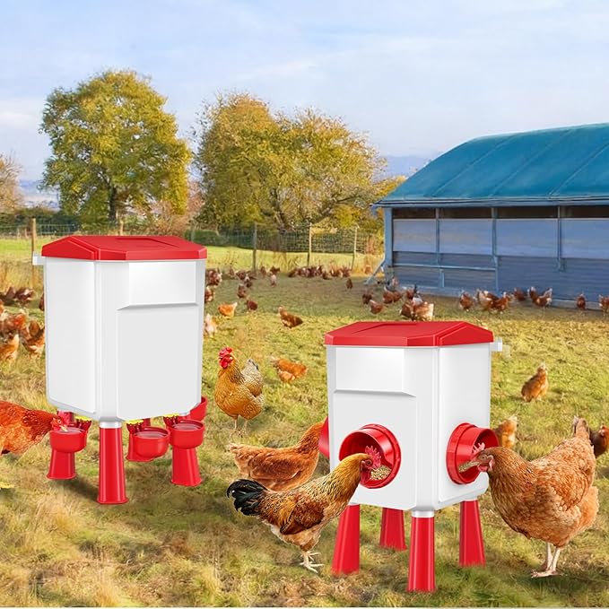 Chicken Feeder and Waterer with Set 3 Gallon/26.4 Pounds, Automatic Chick Feeder and Waterer Set No Waste, Poultry Feeder Large for Hens/Ducks/Poultry(Red