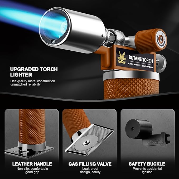 RAVS Butane Torch Lighter, Kitchen Torch with Adjustable Flame, Cooking Torch for Creme Brulee, BBQ, DIY, Christmas Gifts Stocking Stuffers Gifts for Women, Brown, Butane Gas Not Included