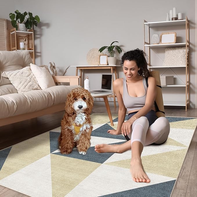 Washable Geometric Area Rugs 5x7 Non-Slip Modern Abstract Soft Large Carpet for Living Room Entryway Bedroom Farmhouse Blue and Gold