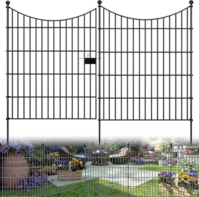 10 Panels Garden Fence Dog Fence Outdoor for Yard, 32in H x 23.6ft L Rustproof Metal Fencing with Ground Stakes | No Dig Animal Proof Containment for Pets/Rabbits | Durable Patio Security Panels
