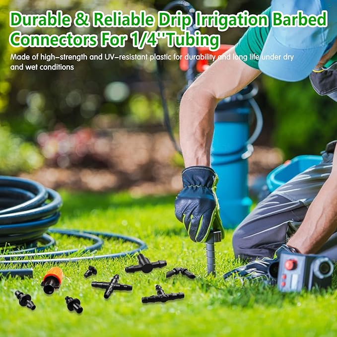 250 Pcs Drip Irrigation Fittings Kit for 1/4" Tubing：Gardrip 1/4 Inch Drip Irrigation Barbed Connectors (Nozzles, Nozzle Tees, Single Barbs, Couplings, Tees, Elbows, Plugs, Crosses) for Garden Systems