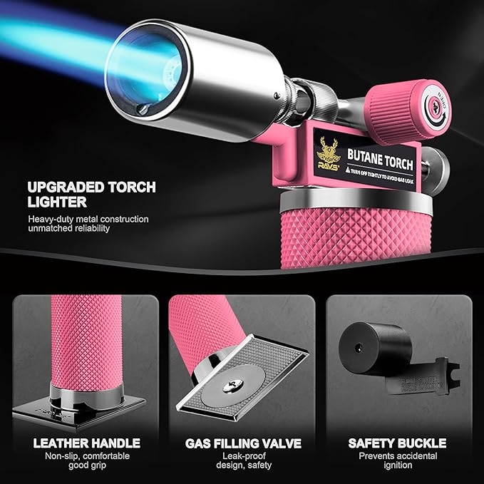 RAVS Butane Torch, Metal Pink Torch Lighter with Adjustable Flame, Food Torch for Baking, BBQ, Desserts, Christmas Stocking Stuffers Gifts for Women, Butane Fuel Not Included