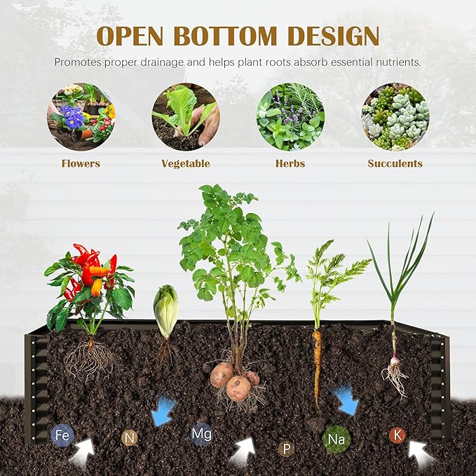 Domi 8x4x2ft Metal Raised Garden Beds Outdoor, Thickened Galvanized Steel Deep Root Planter Box with Stabilizing Bars & Rubber Edging for Vegetables, Flowers, Herbs - Brown