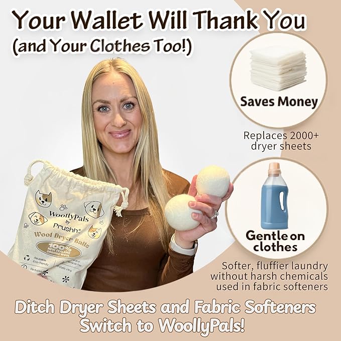 WoollyPals Dryer Balls (6-Pack, XL Size) - 100% New Zealand Wool - No More Dryer Sheets - Eco Dryer Balls - Reusable - Softens Laundry - Reduces Drying Time & Static - with Storage Bag (Plain White)