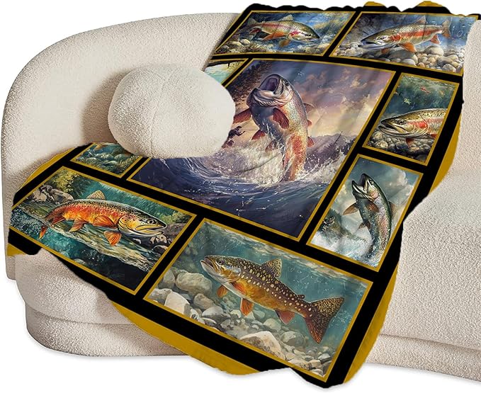 Fishing Throw Blanket Ultra Soft Cozy Rainbow Trout Fish Blanket Fleece Fuzzy Plush Fishing Lovers Decor Gifts for Women Girls Adults Couch Sofa 80"x60"