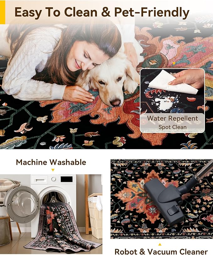 Area Rugs 5ft Washable Non-Slip, Floral Vintage Distress Print Pattern Medallion Carpet for Living Room Bedroom Dining Room, Black Colorful Floral Dark Tan