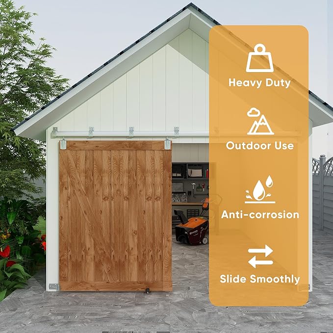 JUBEST 10FT Box Rail Exterior Barn Door Hardware Kit, Heavy-Duty Silver Sliding Barn Door Track System, Wall Mount Door Hardware Kits (Door Not Included)