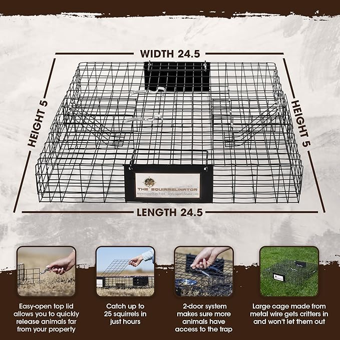 Rugged Ranch 4‑Pack Squirrelinator Multi‑Catch Squirrel Trap, Wire Cage, 24.5"x24.5"x5" Each - Live Catch‑and‑Release, 2‑Door Humane Rodent Control, No‑Poison Outdoor Use, Trap Only