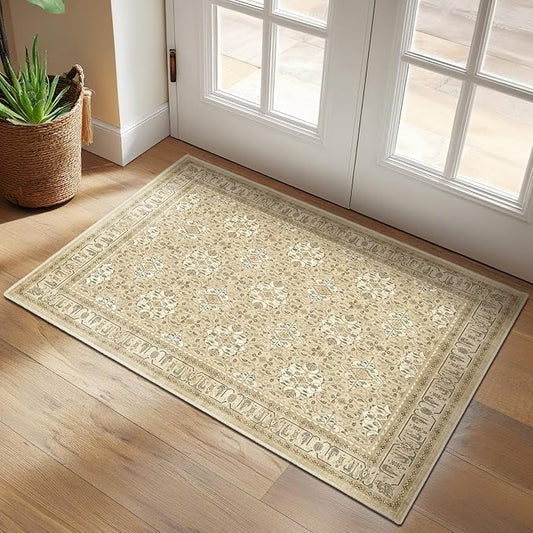 Warm Beige Small 2x3 Rug, Boho Floral Moroccan Printed Door Rugs for Entryway Indoor, Washable Non Slip Low Pile Thin Soft Door Mat Indoor Entrance for Kitchen Bathroom Laundry Room Bedside
