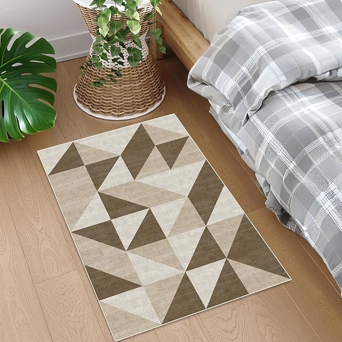 Abstract Neutral Small Carpet 2x3 Washable Geometric Brown Area Rugs Doormat for Entryway Bathroom Living Room Bedroom Washing Room Non Slip