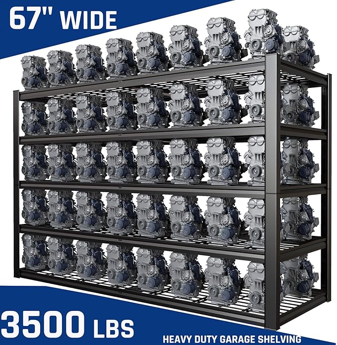 67" W Garage Shelving Heavy Duty, 67" W x 24" D x 84" H, Adjustable 5 Tier Metal Shelves, Commercial Metal Shelf Rack, Industrial Shelving, 2 Pack