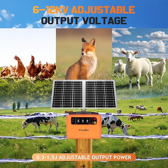 30 Miles Solar Electric Fence Charger with 15W Solar Panel,4 Gears Adjustable Output Power:0.3J,0.8J,1.1J,1.5J,24-Hour Protect Electric Fence for Livestock,Sheep,Horses,Cattle