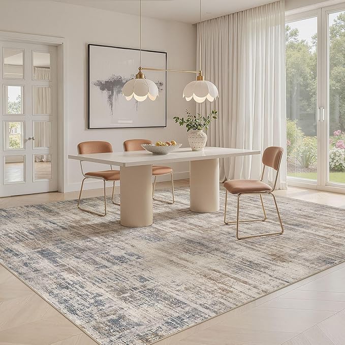 Area Rug for Living Room: 9x12 Washable Neutral Abstract Modern Soft Rugs Non Slip Indoor Floor Stain Resistant Large Carpet for Bedroom Dining Room Office Nursery - Brown
