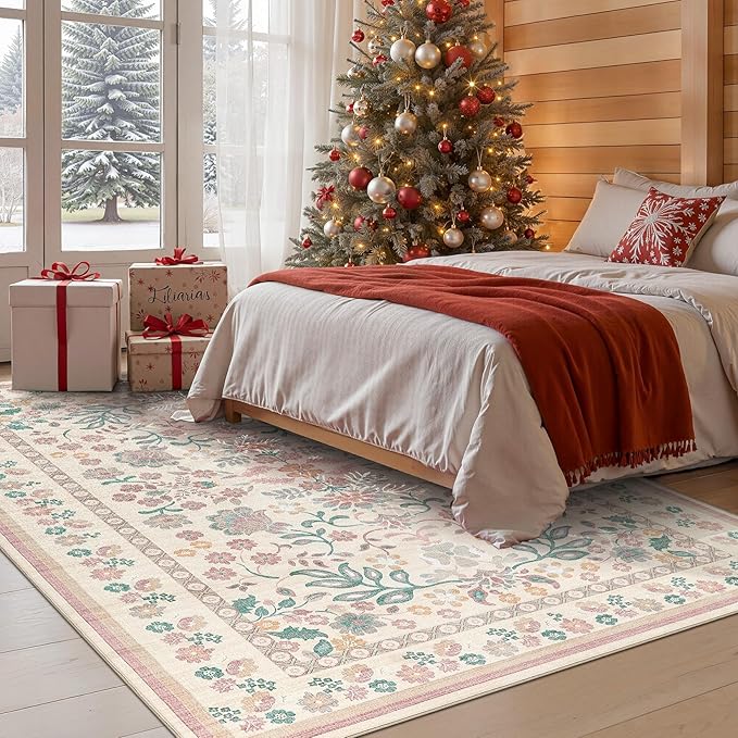 6x9 Area Rug Living Room Rugs - Washable Boho Vintage Floral Large Soft Non Slip Thin Rug Low Pile Carpet for Bedroom Dining Room Kids Playroom Office Decor Indoor- Pink
