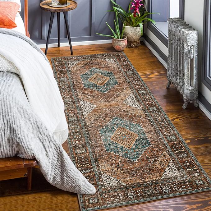 GENIMO 2x5 Runner Rugs for Hallway, Machine Washable Non Slip Vintage Retro Rugs, Low Pile Lightweight Soft Print Rug for enrtyway, Corridor, Home Office, Kitchen, Vintage Brown/Blue